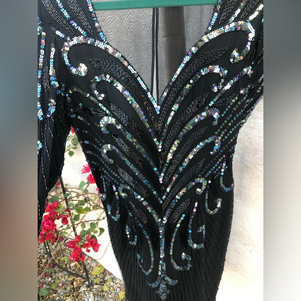 Vintage mesh sequin beaded silk mini dress with long sleeve holiday sparkle - Picture 14 of 16